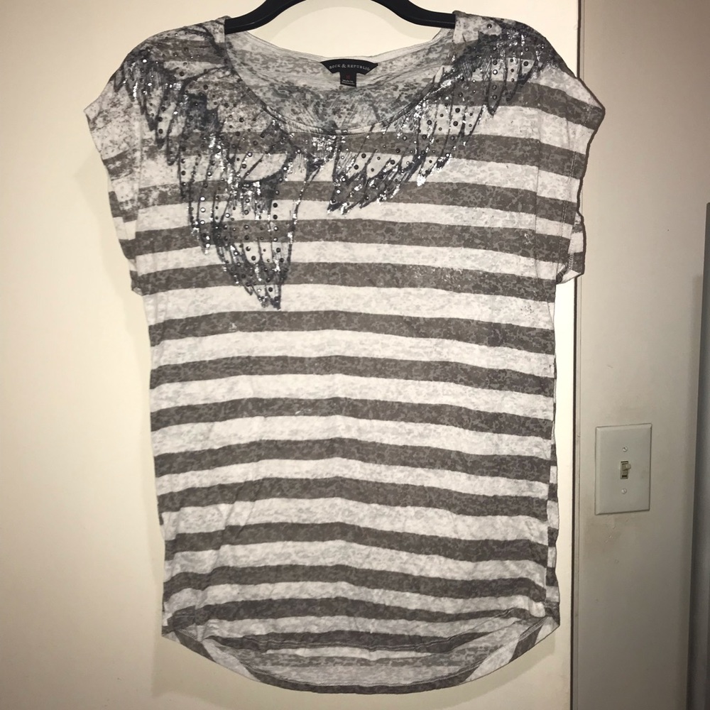 Rock & Republic Gray and White Striped Short Sleeve Tee with Embellished Neck